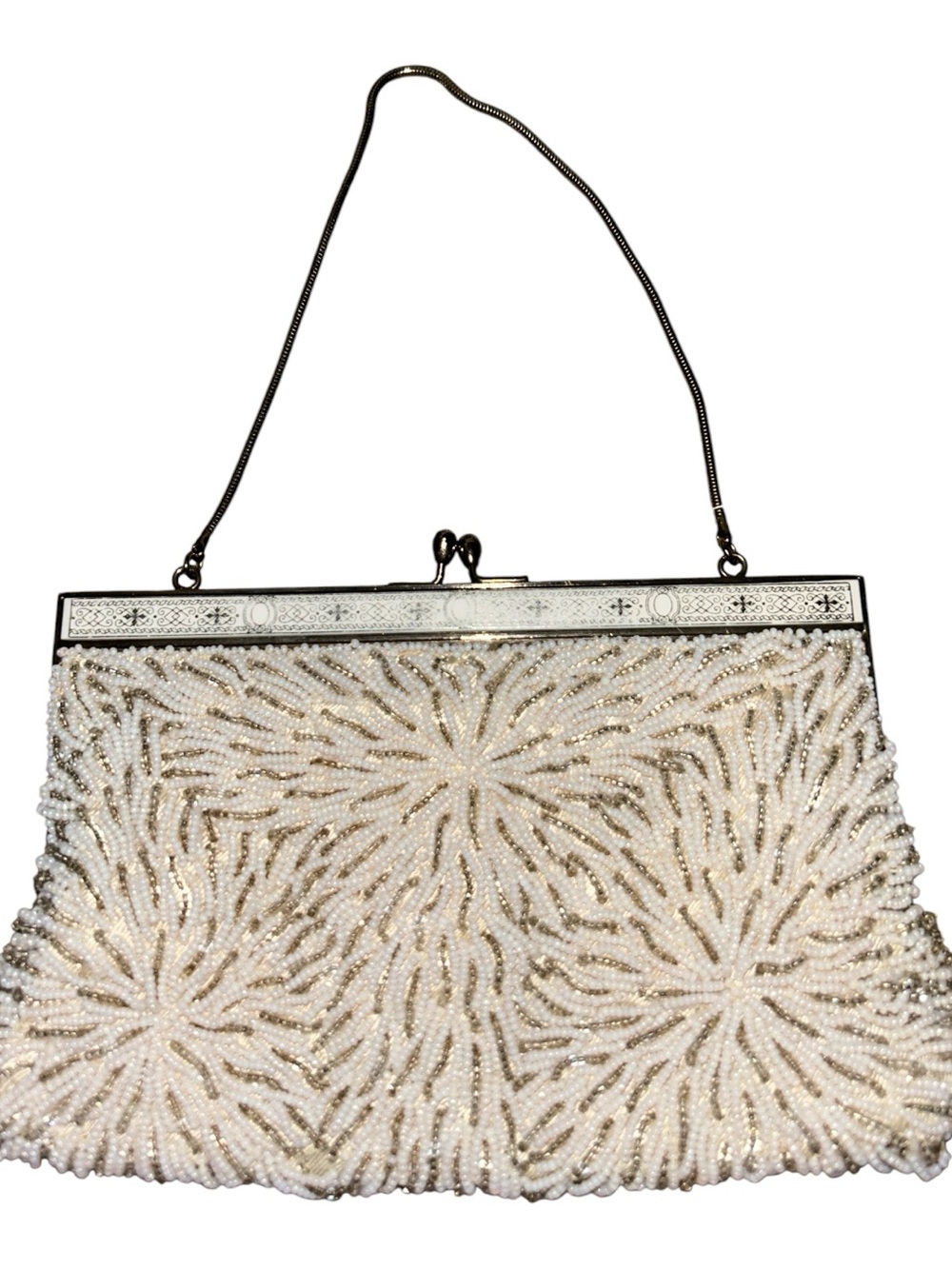 Vtg Richter by Walborg Beaded Kiss lock Ivory Evening Clutch with Metal Frame